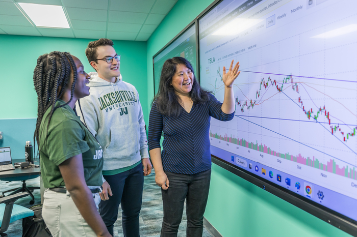 Professor and students use financial forecasting tool on projection screen.