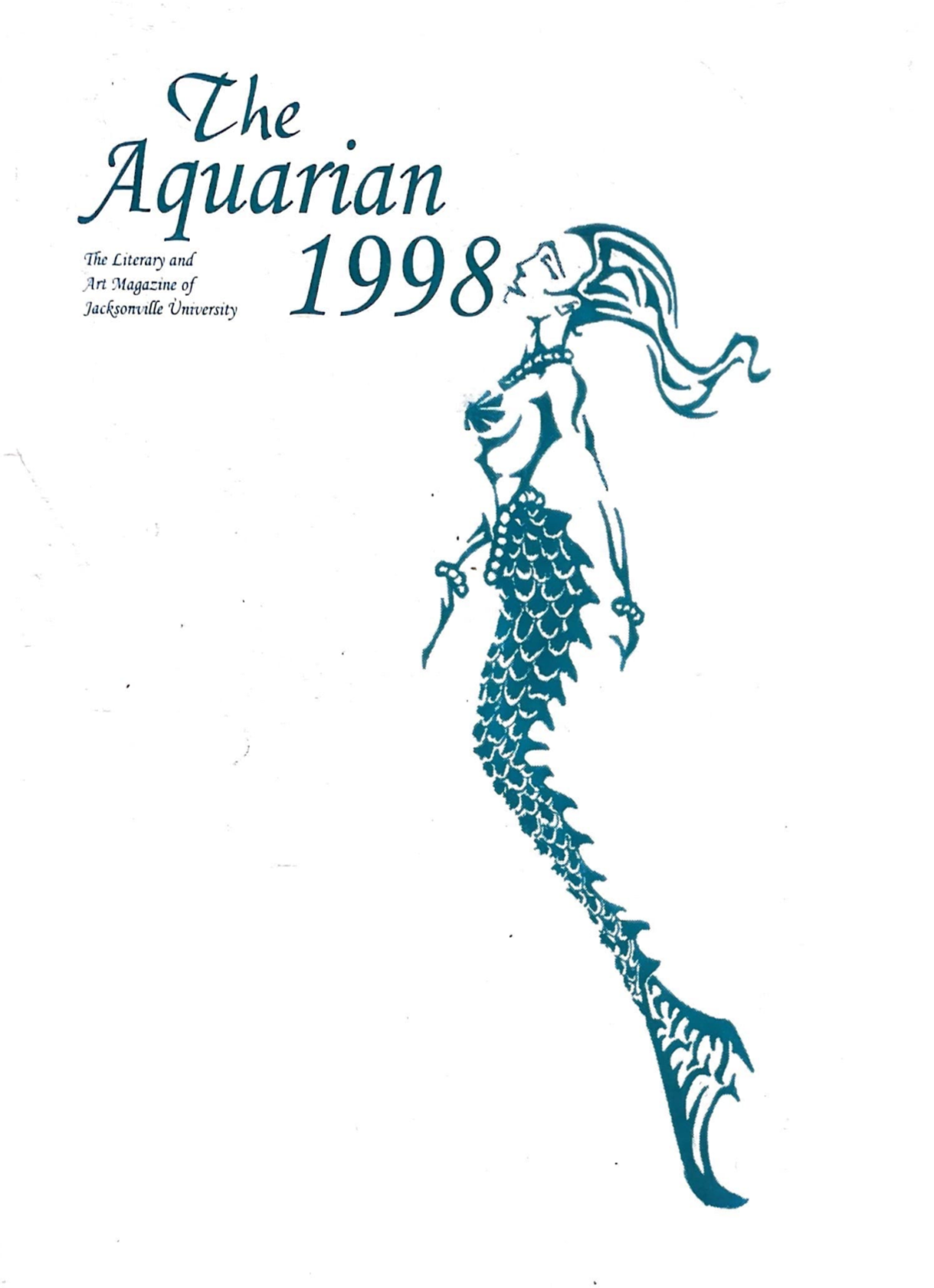 A white background with a blue cut-out style mermaid with the 1998 Aquarian Title