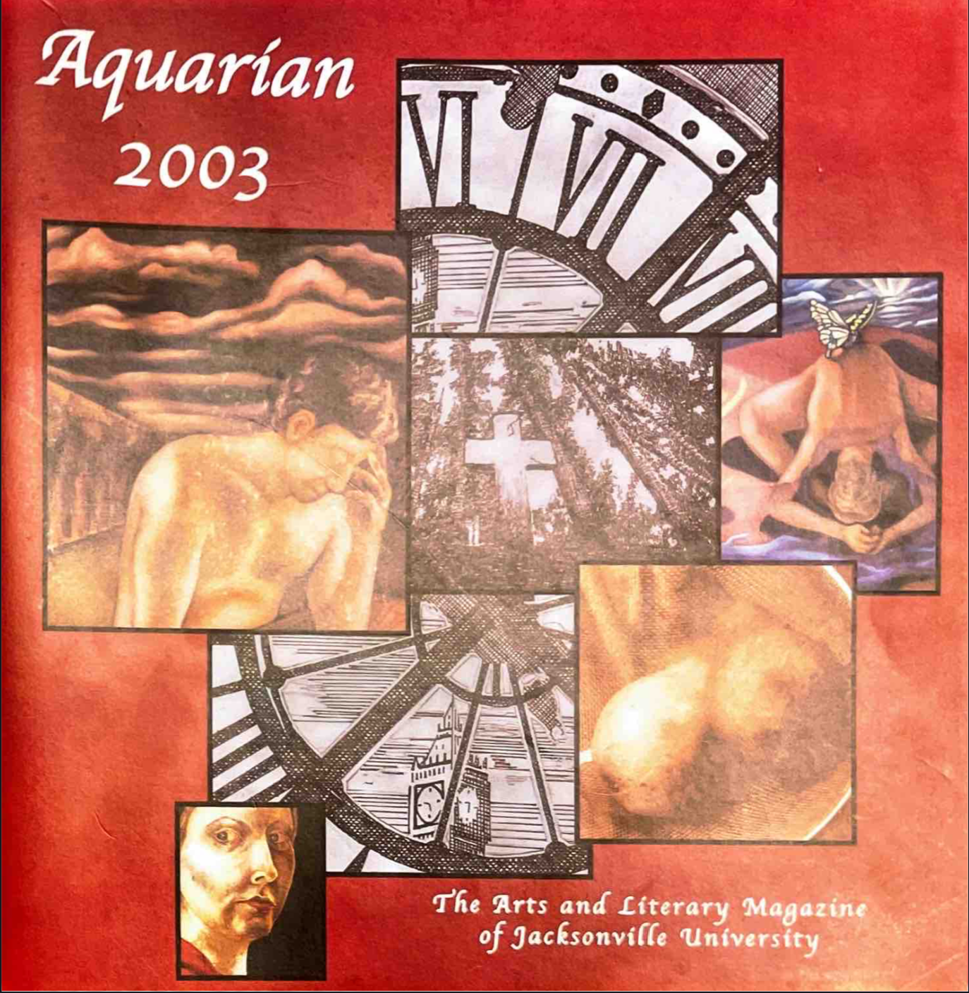 Cut images of figures spliced with a black and white clock and the title Aquarian 2003