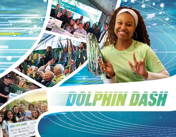 Dunk'n, Nellie and students making the Phins sign with their hands