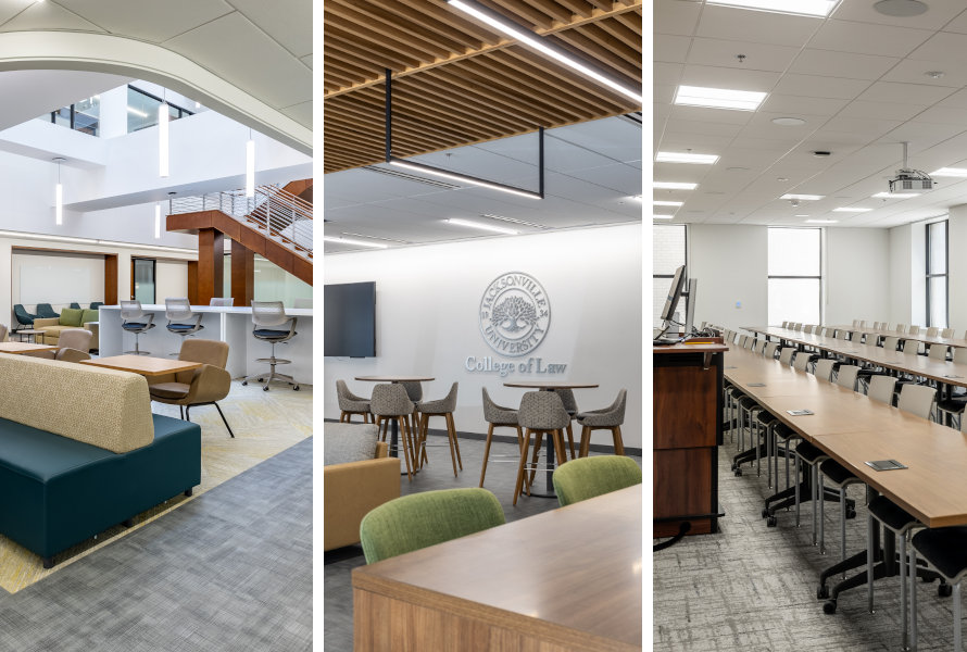 A collage of spaces from the downtown campus. Classroom, Study areas.