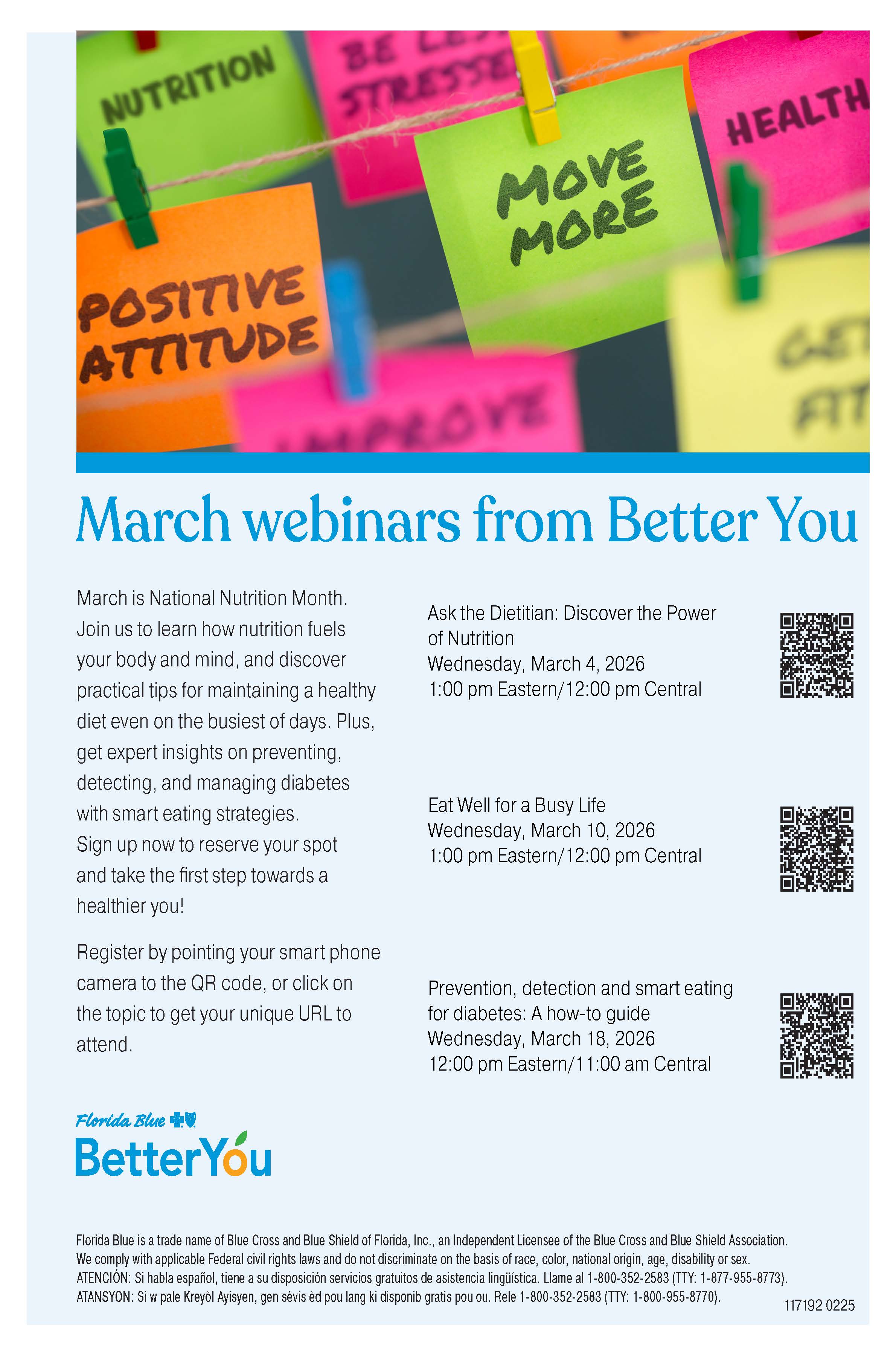 March 2026 Monthly Webinar Flyer with QR codes.
