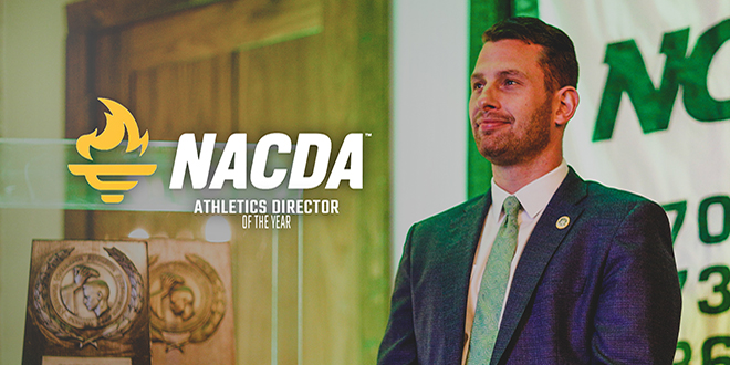 Photo of Alex Ricker-Gilbert and text overlay that says "NACDA Athletics Director of the Year"